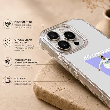 Dynamic depiction of football player Bellingham on phone case — Info