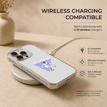 Dynamic depiction of football player Bellingham on phone case — Charging
