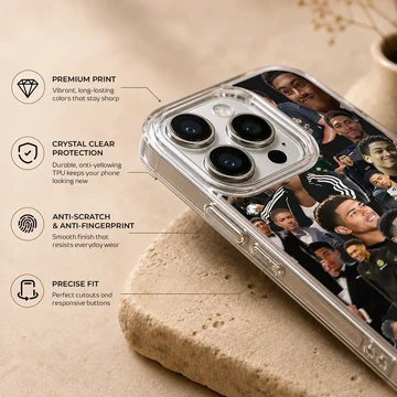 Collage of football star Bellingham on a phone case — Info