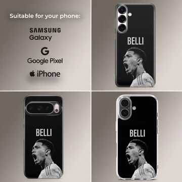 Bellingham football hero portrait with bold text on a phone case — Collage