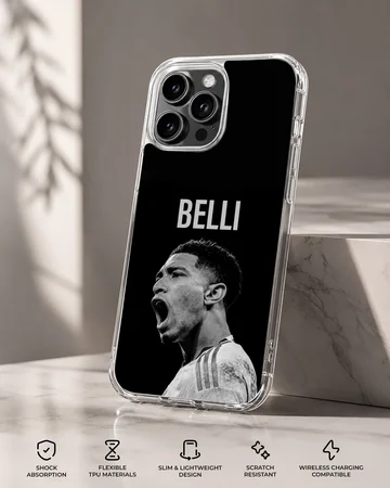 Bellingham football hero portrait with bold text on a phone case — Specs