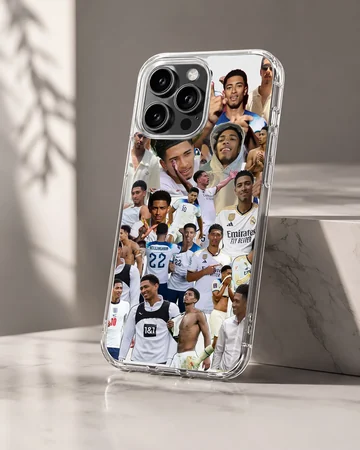 Dynamic collage of Bellingham football moments on phone case — Hero