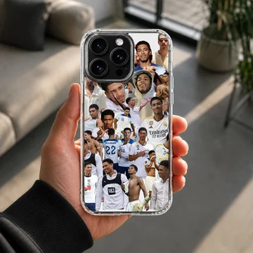 Dynamic collage of Bellingham football moments on phone case — Lifestyle
