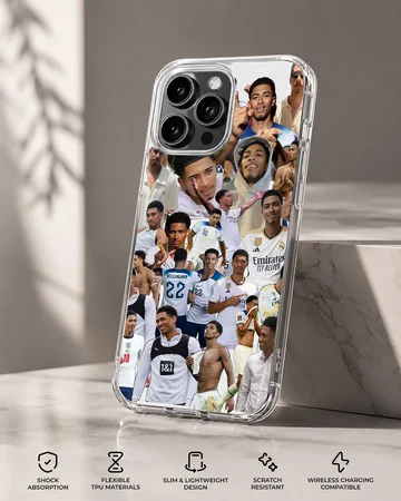 Dynamic collage of Bellingham football moments on phone case — Specs