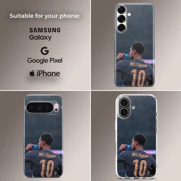 Bellingham player drinking water, dynamic football fan phone case — Collage