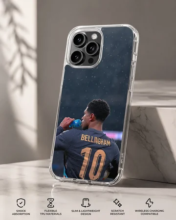 Bellingham player drinking water, dynamic football fan phone case — Specs