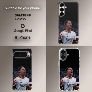 Dynamic football player celebrating in Bellingham phone case. — Collage