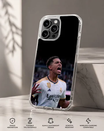 Dynamic football player celebrating in Bellingham phone case. — Specs
