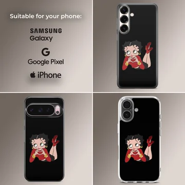Betty Boop cartoon artwork on black phone case — Collage