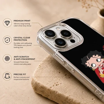 Betty Boop cartoon artwork on black phone case — Info