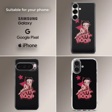 Nostalgic Betty Boop design on phone case with black background — Collage