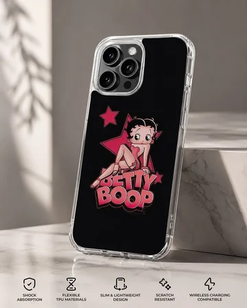 Nostalgic Betty Boop design on phone case with black background — Specs