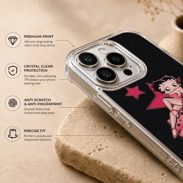 Nostalgic Betty Boop design on phone case with black background — Info
