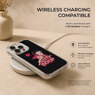 Nostalgic Betty Boop design on phone case with black background — Charging