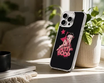 Nostalgic Betty Boop design on phone case with black background — Lifestyle