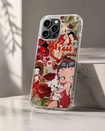 Betty Boop cartoon with roses and nostalgia-themed elements on phone case