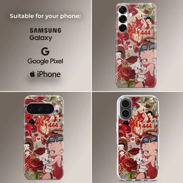 Betty Boop cartoon with roses and nostalgia-themed elements on phone case — Collage