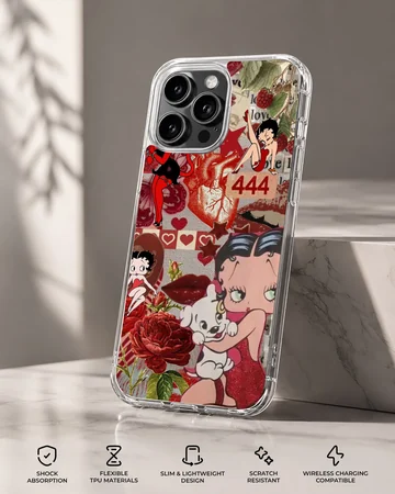 Betty Boop cartoon with roses and nostalgia-themed elements on phone case — Specs