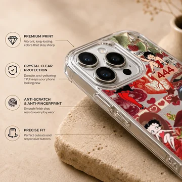 Betty Boop cartoon with roses and nostalgia-themed elements on phone case — Info