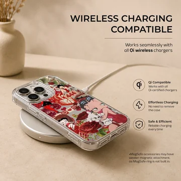 Betty Boop cartoon with roses and nostalgia-themed elements on phone case — Charging