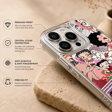 Nostalgic Betty Boop cartoon collage design on phone case — Info
