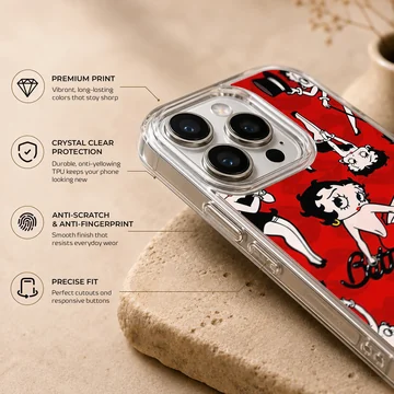 Betty Boop cartoon design on red background phone case — Info