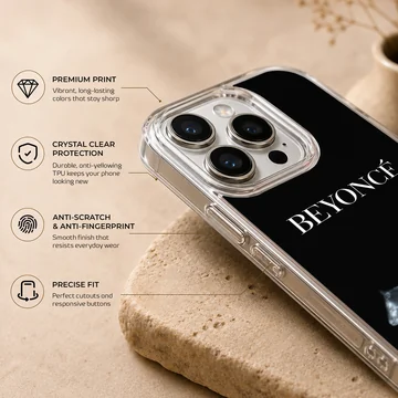 Beyoncé artwork on phone case with bold typography — Info