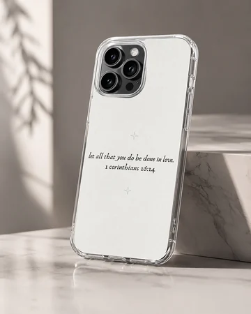Minimal typography design featuring a Bible verse on phone case. — Hero