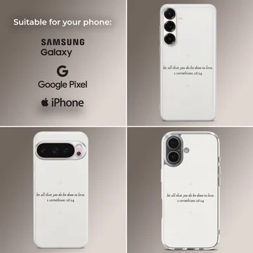 Minimal typography design featuring a Bible verse on phone case. — Collage