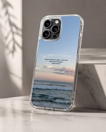 Serene sea view with Bible verse on phone case — Hero