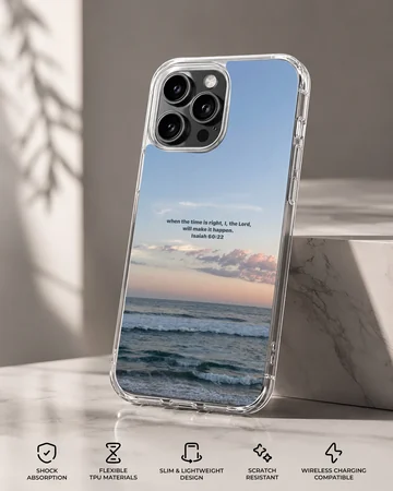 Serene sea view with Bible verse on phone case — Specs