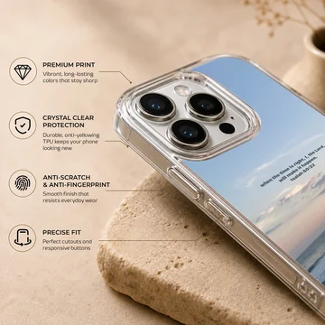 Serene sea view with Bible verse on phone case — Info