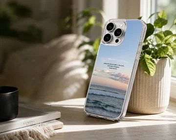 Serene sea view with Bible verse on phone case — Lifestyle