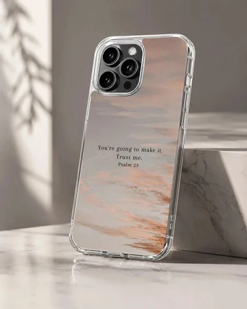 Bible Verses phone case with inspirational Psalm quote, featuring a serene photographic background.