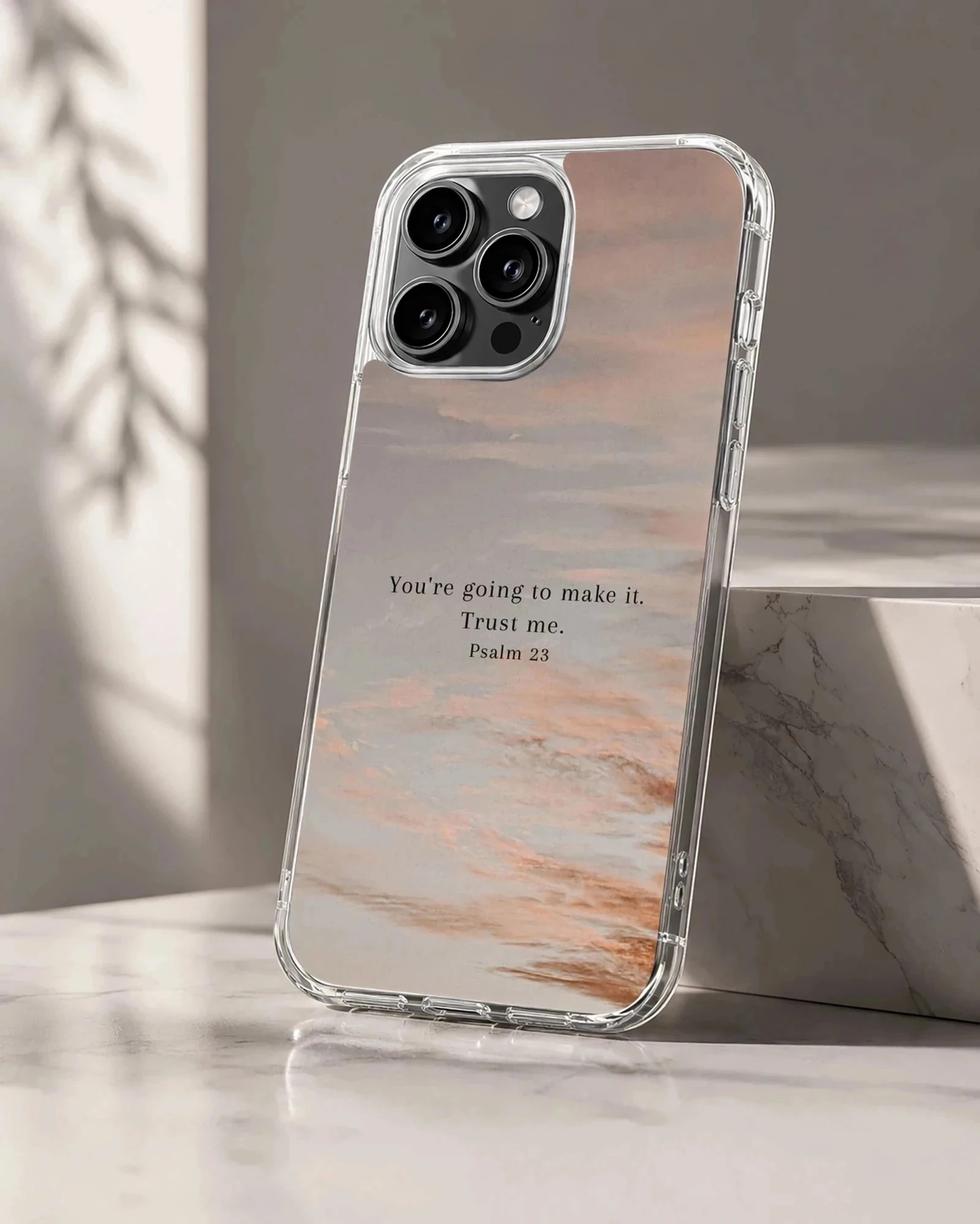 Bible Verses phone case with inspirational Psalm quote, featuring a serene photographic background.