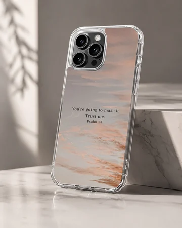 Bible Verses phone case with inspirational Psalm quote, featuring a serene photographic background. — Hero