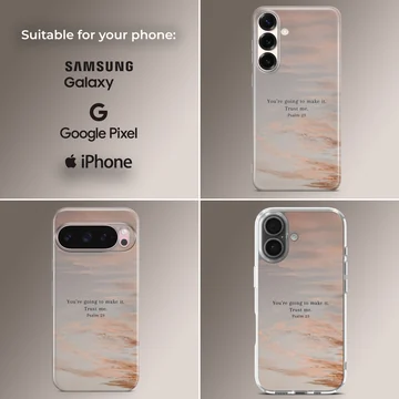 Bible Verses phone case with inspirational Psalm quote, featuring a serene photographic background. — Collage