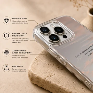 Bible Verses phone case with inspirational Psalm quote, featuring a serene photographic background. — Info