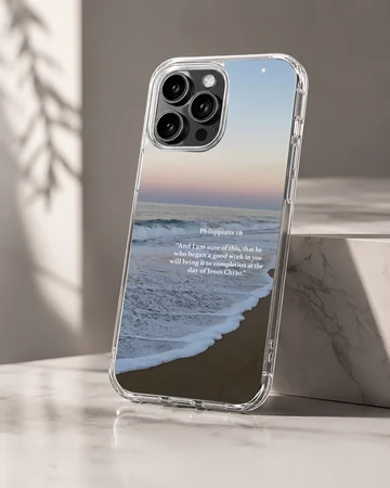 Beach scene with Bible verse phone case — Hero