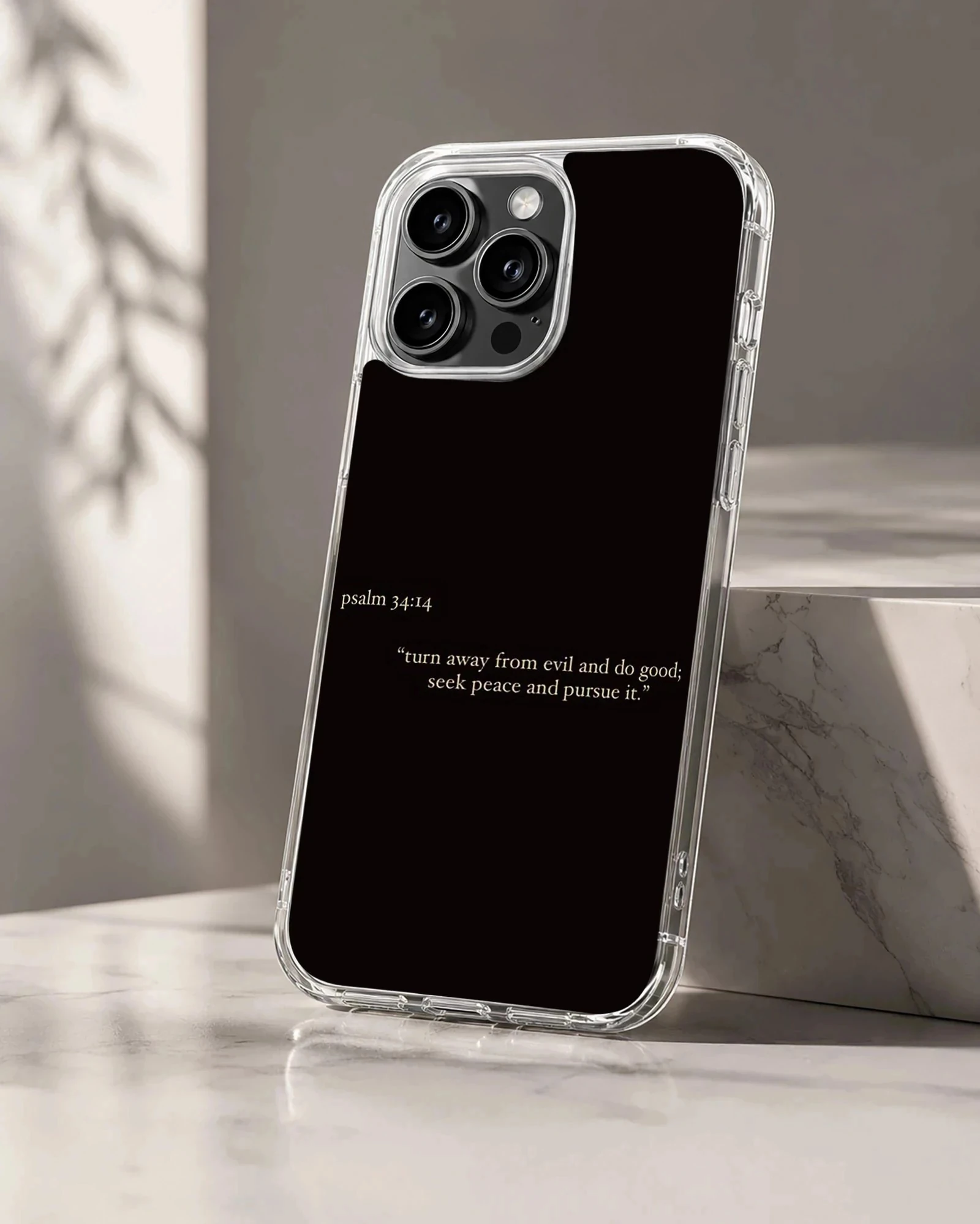 Bible Verses phone case featuring Psalm 34:14 in minimal typography.