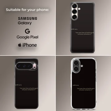 Bible Verses phone case featuring Psalm 34:14 in minimal typography. — Collage