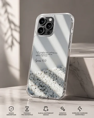Bible verse with serene pebble design on phone case — Specs