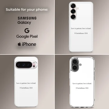 Bible Verses phone case with 'Love is patient' design. — Collage