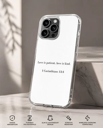 Bible Verses phone case with 'Love is patient' design. — Specs