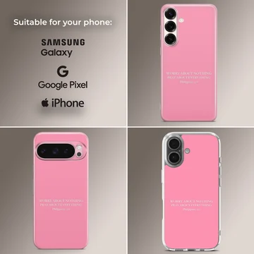 Pink phone case with Bible verse 'Worry About Nothing' — Collage