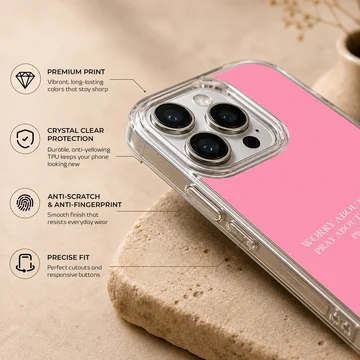 Pink phone case with Bible verse 'Worry About Nothing' — Info