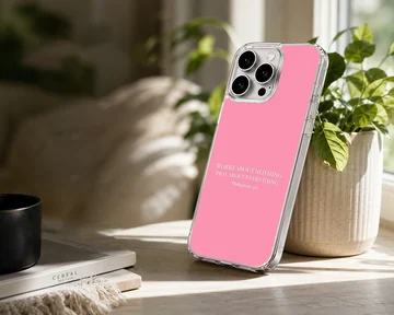 Pink phone case with Bible verse 'Worry About Nothing' — Lifestyle