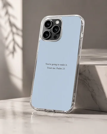 Bible Verses phone case featuring Psalm 23 quote on a light blue background. — Hero