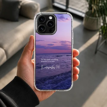 Serene ocean with Bible verse printed on phone case — Lifestyle