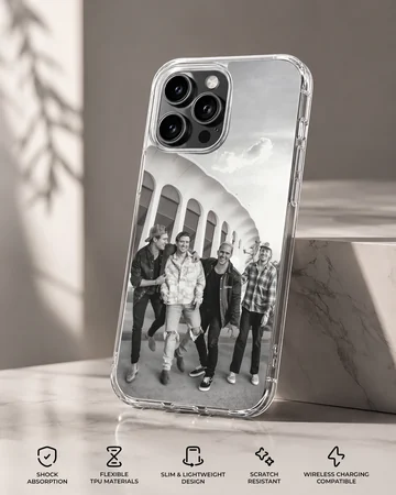 Black and white image of Big Time Rush band members on a phone case — Specs